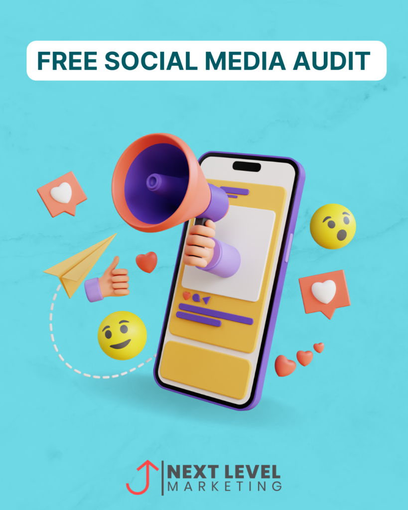 a photo of social media in a light blue green background with the words free social media audit